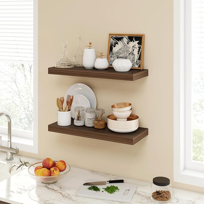 Acovy 24 Inch Floating Shelves, 9.3" Deep Floating Shelf Wall Mounted, 24" Wall Shelves, Rustic Deep Bookshelf, Large Display Shelves & Storage Shelves for Bedroom, Living Room, Walnut, Set of 2