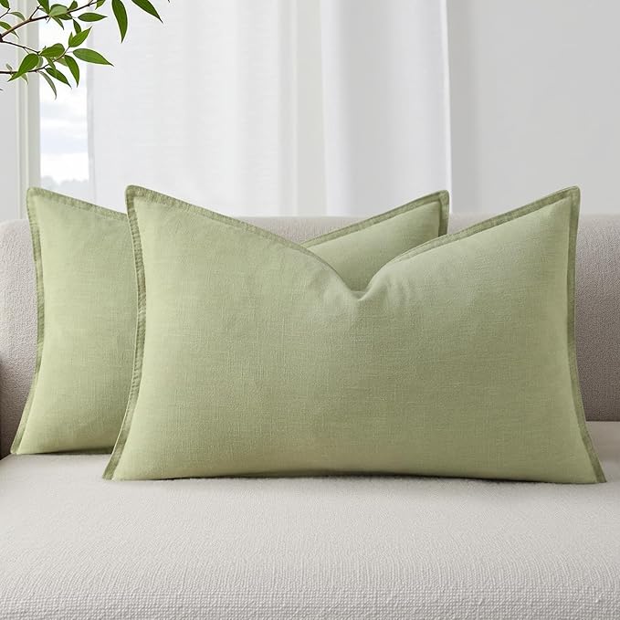 decorUhome Summer Decorative Linen Throw Pillow Covers 12x20 Inch Set of 2 Sage Green Lumbar Pillow Covers with Flange Edges Soft Farmhouse Boho Accent Pillow Cases for Couch Bed Living Room