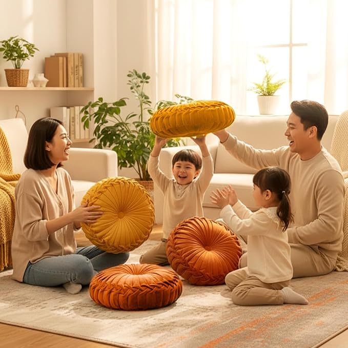 Drydiet 4 Pcs Round Throw Velvet Pillows Decorative Pleated Throw Pillows Diameter Accent Pumpkin Boho Chair Cushion for Couch Sofa Home Decoration (Burnt Orange,Yellow,15'')