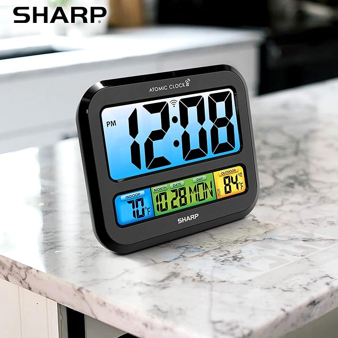 Sharp Atomic Clock with Large Bright Color Display, Atomic Accuracy, Jumbo 3" Easy to Read Numbers - Indoor/Outdoor Temperature Display with Wireless Outdoor Sensor