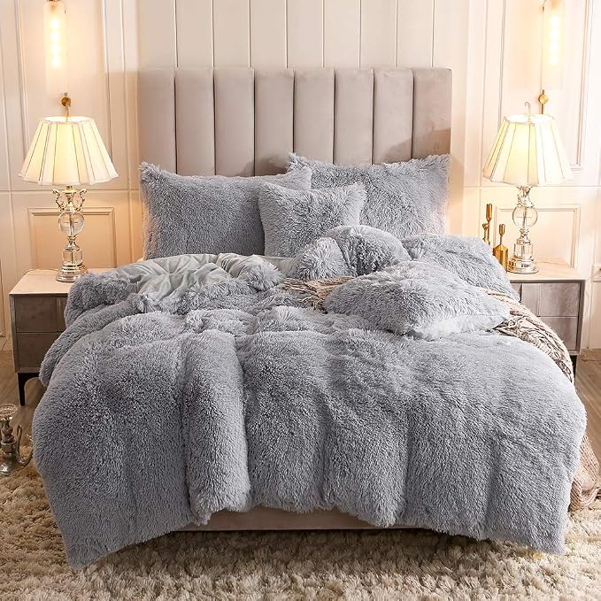Faux Fur Velvet Fluffy Bedding Duvet Cover Set Down Comforter Quilt Cover with Pillow Shams, Ultra Soft Warm (Queen, Light Gray)