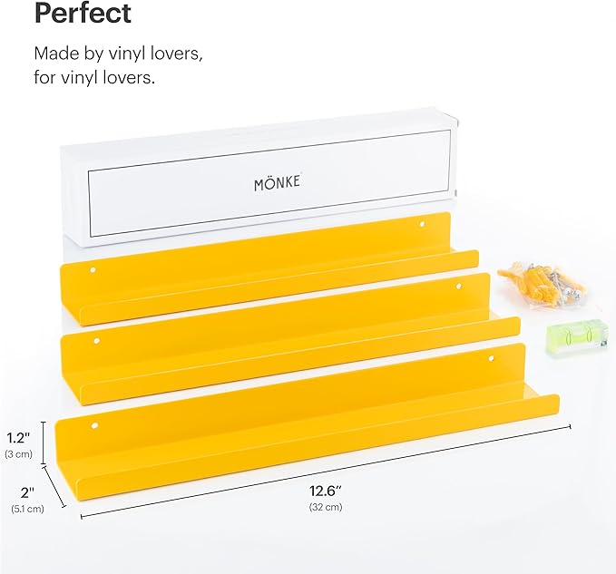 Vinyl Record Shelf - 3 Metal Display Shelves - Wall Mount Now-Playing Vinyl Shelves - an Album Record Holder That Doubles as a Picture Ledge - Fits All Records (Yellow)