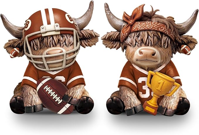 Wesiti 2 Pcs Football Highland Cow Figurines Resin Sport Ornament Set, Cute Bull Statue with Helmet and Trophy, American Football Fan Gifts for Players Coaches Team Table Decor