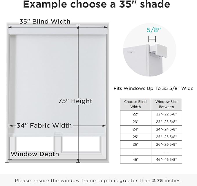 Joydeco No Drill Blackout Shades, Free-Stop Cordless Roller Shades, UV Protection, Thermal Insulated Blinds for Indoor Windows, Easy Install Window Blinds for Home and Office (White, 24" W x 75" H)
