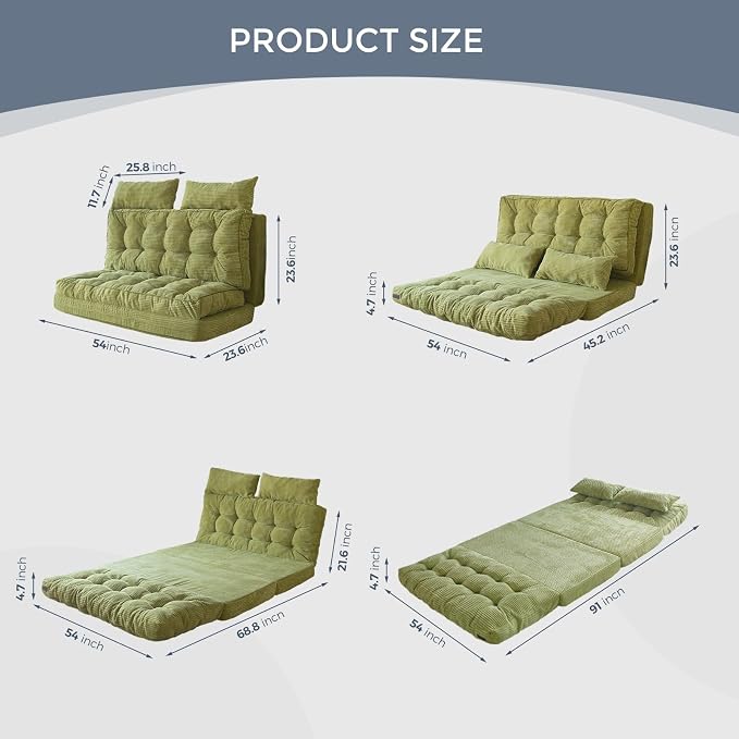 MAXYOYO Folding Sofa Bed, Tufted Bean Bag Bed with Pillows Floor Couch for Adults, Extra Thick and Long Floor Sofa, Full Floor Couch Bed for Bedroom Living Room, Green, 54x91 Inch