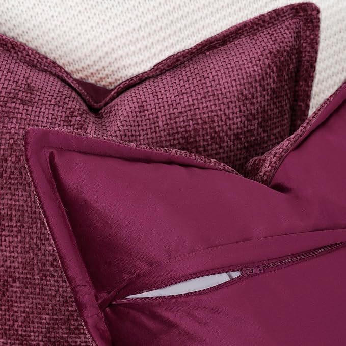 MADIZZ Decorative Chenille Velvet Throw Pillow Covers Set of 2 Soft Boho Textured Neutral Couch Throw Pillow for Bed Modern Farmhouse Home Decor for Sofa Livingroom Burgundy 24x24 Inch Euro Sham