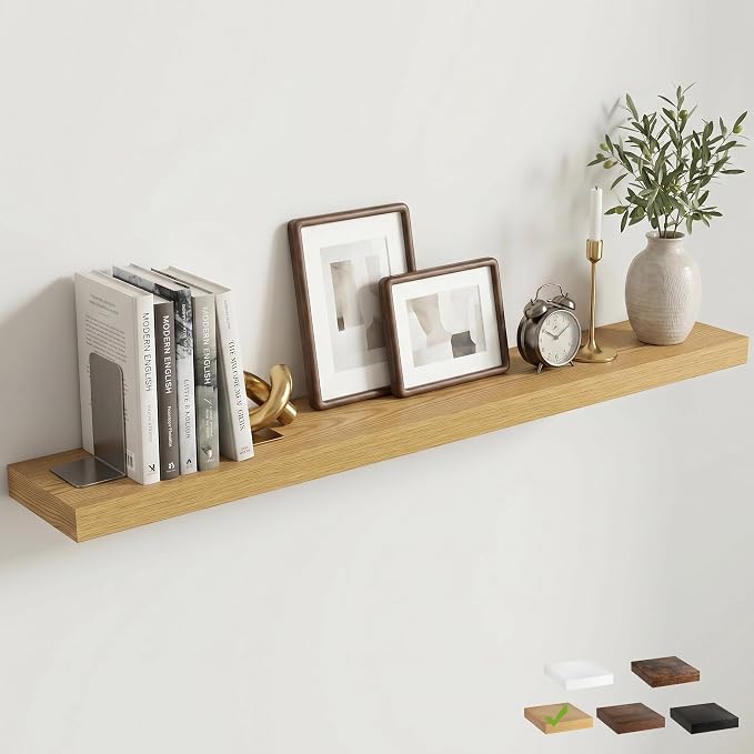 55 Inch Floating Shelves for Wall, 8"D Wood Storage Shelves, Oak Finish | Engineered Wood, Invisible Bracket, Large Storage, Easy Install, Hold Up to 88lbs, Living Room, Bathroom, Bedroom, Kitchen