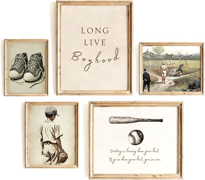 Baseball Nursery Wall Art Decor Vintage Boys Room Canvas Posters Sports Boy Pictures Baseball Vintage Nursery Painting Neutral Sport Kids Room Prints Wall Art for Bedroom 12x16x5 Inch Unframed ﻿