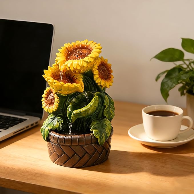 Tabletop Water Fountain Indoor Themed Sunflower Fountain Indoor Table Top Waterfall Desk Decor for Home Meditation Relaxation(Sun)