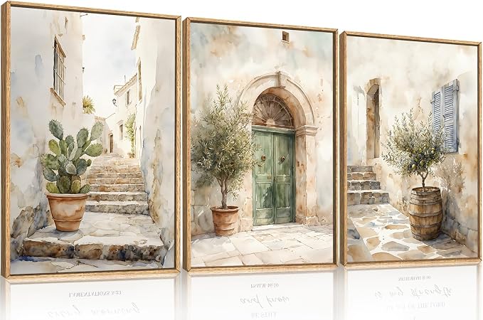 HPNIUB Vintage Italy Landscape Framed Wall Art Set,Green Olive Tree Wall Decor,Neutral Italian Countryside Artwork, Rustic Europe Nature City Art Print for Bedroom, Office, Living Room-24"x36" x3