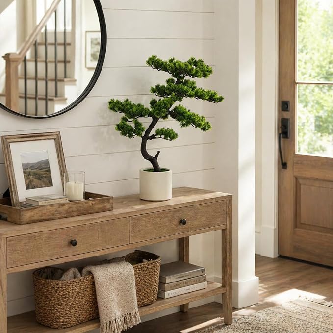3FT Artificial Bonsai Pine Tree, Realistic Faux Pine Bonsai with Natural-Looking Trunk and Moss Pot, Maintenance-Free Indoor Artificial Tree for Living Room, Office, Entryway Decor
