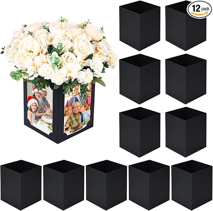 12 Pcs Picture Centerpieces for Table - 6 Inch Photo Display Frame & Hollow Picture Props Box for Congrats Grad Decor, Wedding, Birthday Party Table Decoration (Black)