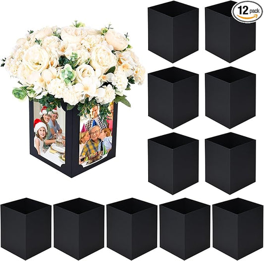 12 Pcs Picture Centerpieces for Table - 6 Inch Photo Display Frame & Hollow Picture Props Box for Congrats Grad Decor, Wedding, Birthday Party Table Decoration (Black)