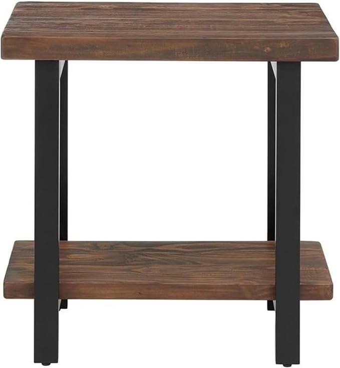 Alaterre Furniture Pomona Solid Wood 2-Tier End Table, Rustic Brown, 27” | Side Table or Nightstand with Storage Shelf and Metal Legs, Industrial Farmhouse Chair Side Table for Living Room or Bedroom