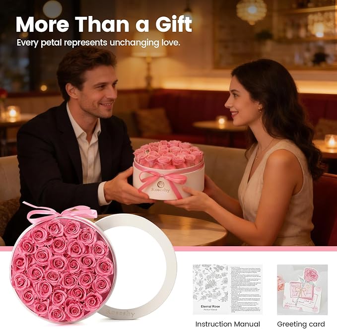 Valentines Day Flowers Roses Gifts for Her,28pcs Pink Forever Preserved Roses in Round Gift Box,Valentines Day Delivery Prime Gifts-Roses Gifts for Women,Mom.