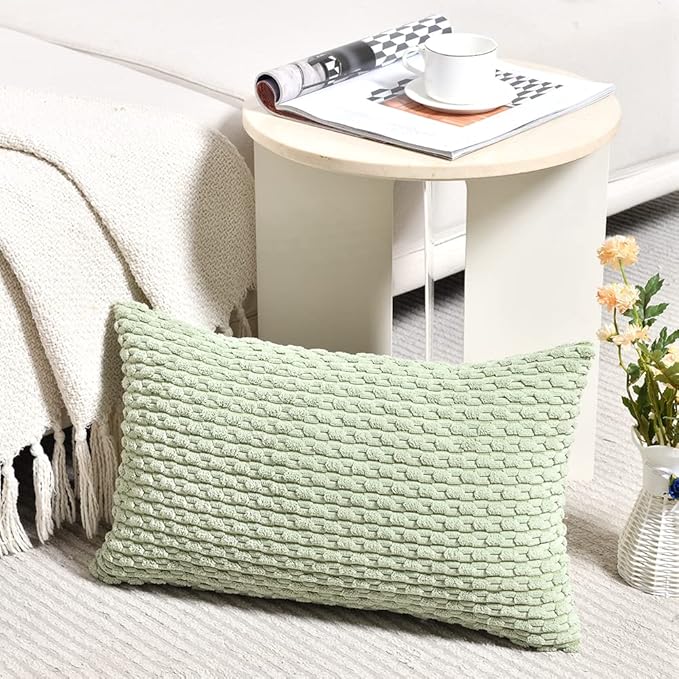 Fancy Homi 2 Packs Sage Green Long Lumbar Decorative Throw Pillow Covers 12x24 Inch for Couch Bed Sofa, Modern Farmhouse Boho Home Decor, Soft Cute Plush Corduroy Rectangle Cushion Case 30x60 CM