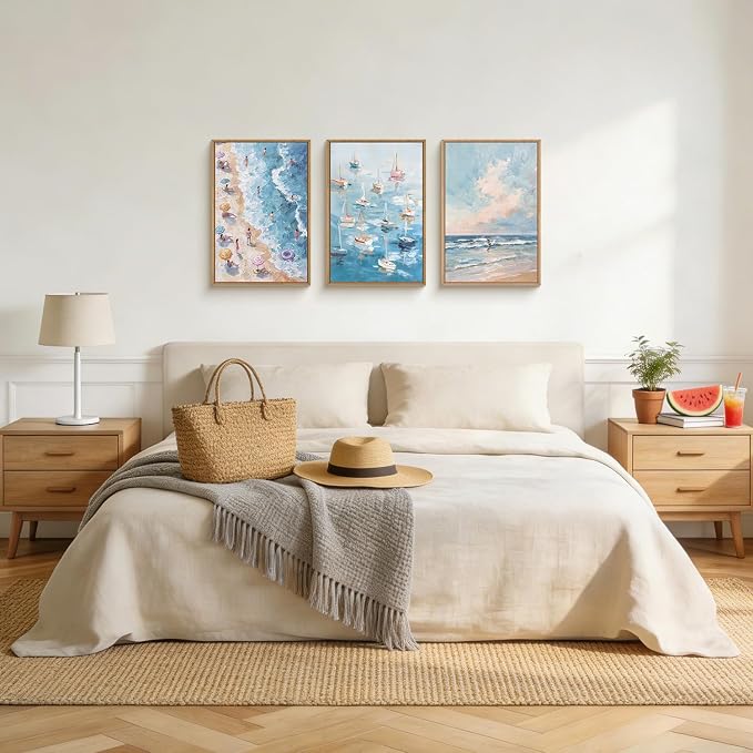 LHIUEM Coastal Beach Framed Canvas Wall Art,Modern Summer Ocean Wall Decor,Natural Seascape Painting,Mediterranean Boat Blue Artwork for Living Room,Bedroom,Dining Room -16"x24"x3