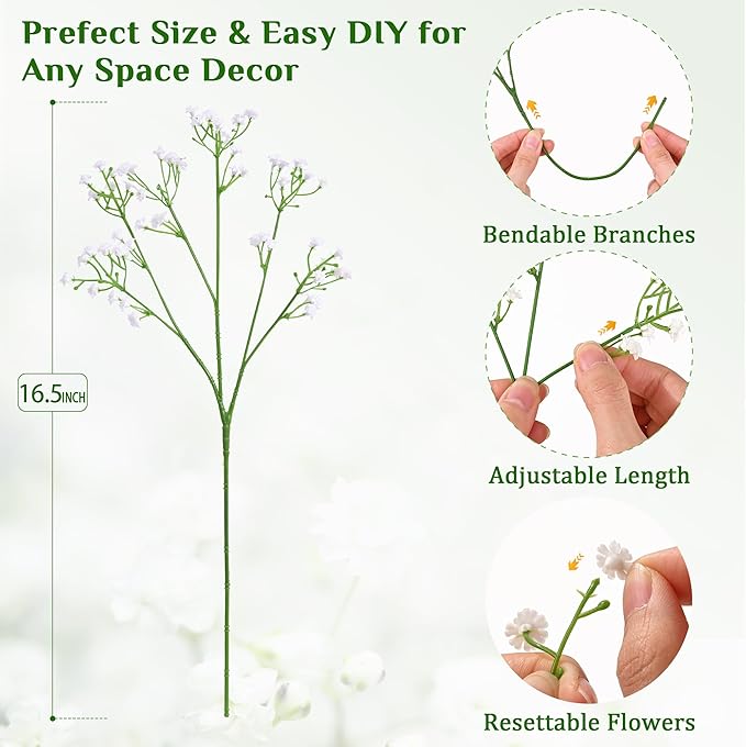MARTINE MALL 108 Pcs Babys Breath Artificial Flowers, White Baby Breath Flowers Artificial Bulk Real Touch Fake Babys Breath Flowers Faux Gypsophila for Wedding Party Home Floral Arrangement Decor
