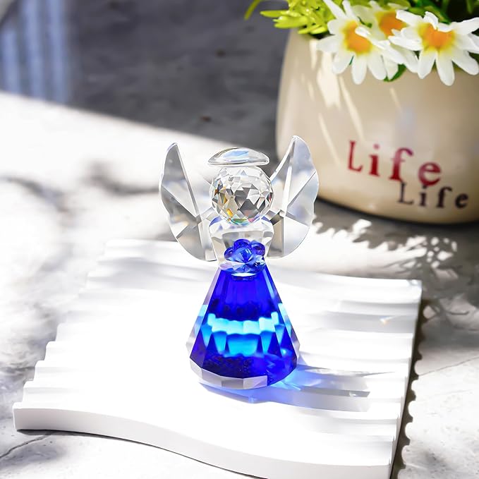 HDCRYSTALGIFTS 3.5'' Blue Crystal Guardian Angel Figurine,Glass Christmas Angel Ornaments Statue Gifts for Women, Art Collectible Figurines for Home Decor