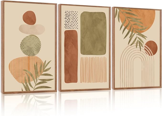 LHIUEM Boho Abstract Sage Framed Canvas Wall Art,Bohemian Neutral Wall Decor,Mid Century Beige Painting,Natural Minimalist Line Artwork for Living Room,Bedroom,Dining Room -16"x24"x3