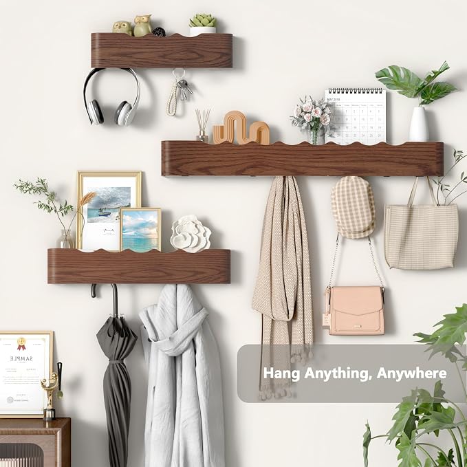 Wall Mounted Coat Rack with Shelf, Wooden Entryway Organizer with Hidden Metal Hooks for Hanging Coats Bags Keys, Modern Floating Shelf for Hallway Bathroom