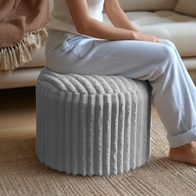 Round Stuffed Pouf Ottoman, Stripe Faux Fur Footrest, Solid Block Support+Soft Cushion Comfort, Removable Washable Cover, 20" Floor Pouf for Living Room Bedroom Dorm Vanity Under Desk, Gray