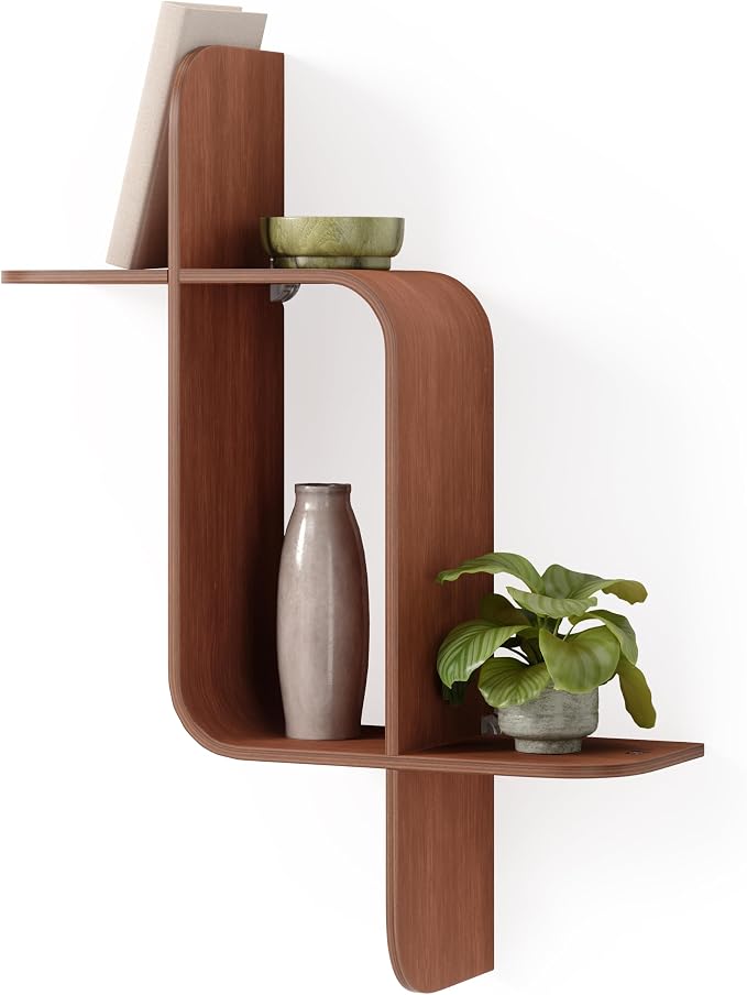 Umbra Montage Floating Wall Shelf Display Case, Made of Natural Bent Wood, Light Walnut