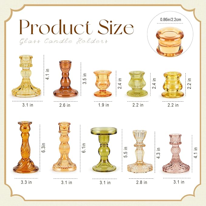 Mumufy 10 Pcs Glass Crystal Taper Candle Holders Clear Glass Candlestick Holder Fit 0.8 Inch Candles Crystal Decorative Candle Stand Centerpiece Table Wedding Dining Party (Classic,Orange Yellow)