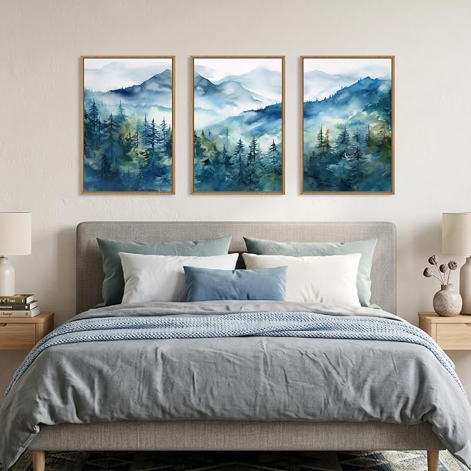 Blue Ridge Mountains Forest Framed Canvas Wall Art Set,Natural Landscape Wall Decor,Green Pine Trees Wall Painting,Abstract Woodland Artwork for Living Room,Bedroom,Office-24 x36 x3
