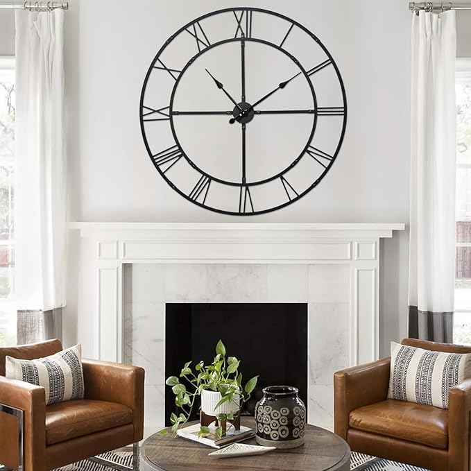 Extra Large 40 Inch Knocked-Down (KD) Wall Clock for Living Room Decor – Silent Non-Ticking Modern Farmhouse Wall Clock, Oversized Decorative Metal Roman Numeral Clock, Black
