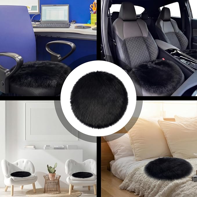 Drydiet 2 Pcs Natural Sheepskin for Bed Sores and Skin Imitation Wool Medical Sheepskins with Non-Slip Back for Pain Relief and Discomfort, Wool Seat Pad, 17 in x 17 in(Circle,Black)
