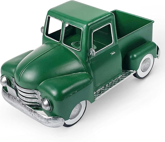 Farmhouse Green Truck Decor, Metal Pickup Trucks Planter, Vintage Old Truck Desktop Storage Car Model for Home Indoor and Outdoor Table Center Decor