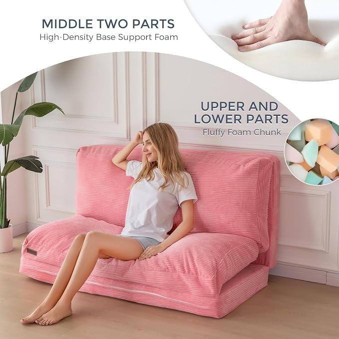 MAXYOYO Folding Sofa Bed, Floor Sofa Convertible Chair with Washable Cover, Floor Couch Lounge Bean Bag Chair Bed for Living Room, Pink, 54x91 Inch