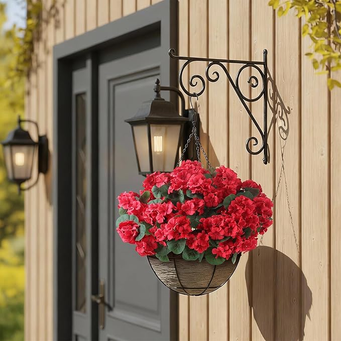 GLIDLION 24 Bundles Artificial Geranium Flowers for Spring Summer Decor, UV-Resistant Fake Plants Realistic Faux Silk Bouquets for Front Door Farmhouse Garden Porch Home Outdoor Decor (Red)