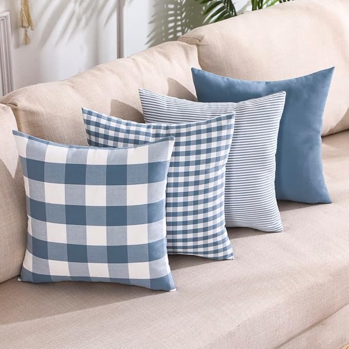 CARRIE HOME Blue Pillow Covers Farmhouse Plaid 20x20 Throw Pillows Set of 4, Light Blue Outdoor 20x20 Pillow Covers Set of 4, Home Decorative Pillow Neutral Decor for Porch Patio (No Pillow Inserts)