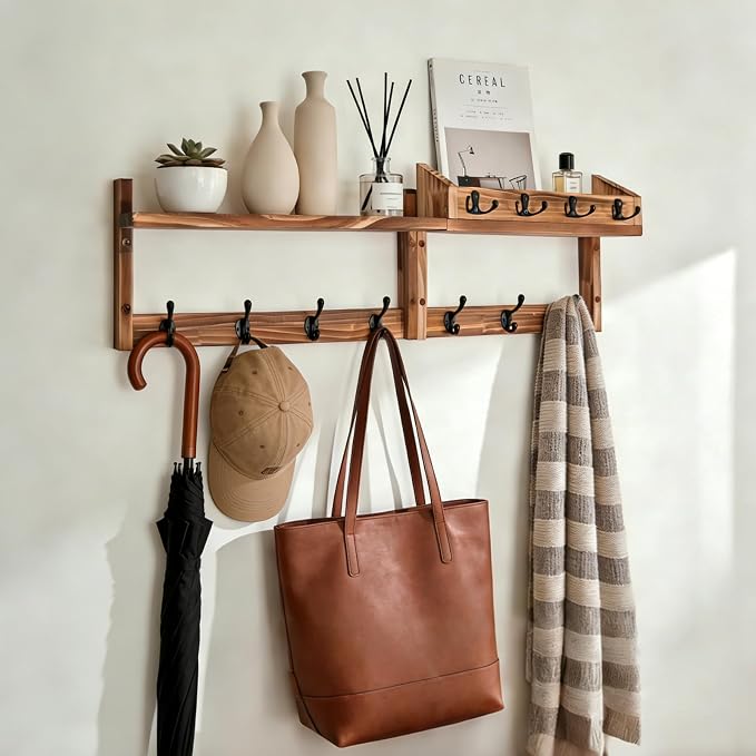 29" Coat Rack Wall Mount with Shelf, 4 in 1 Wall Mounted Coat and Key Hanger with 11 Hooks, Entryway Key Holder with Mail Holder for Living Room, Bedroom