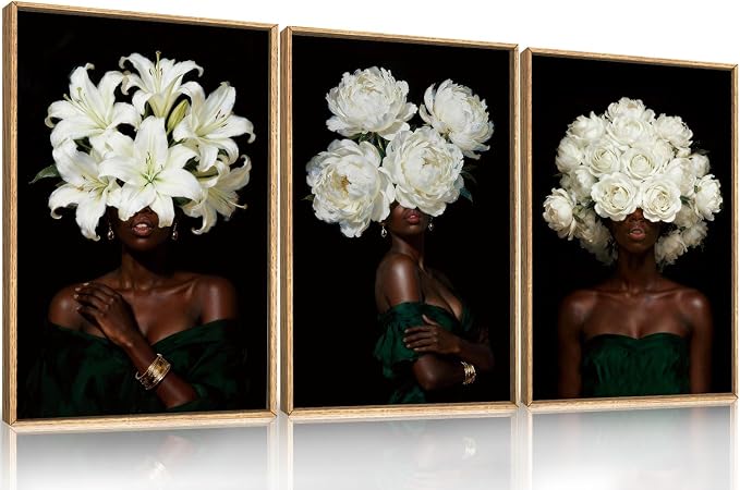 HPINUB Black Woman Framed Canvas Prints Wall Art Set, Abstract White Hydrangea Wall Decor, Vintage African American Girl Art Photos for Living Room, Bedroom, Dining Room, Office, Bathroom-24 x36 x3