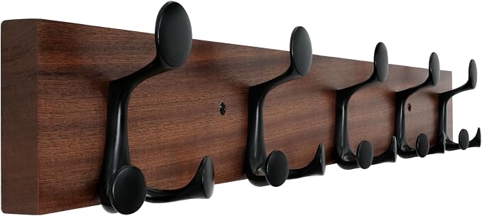 WEBI Coat Rack Wall Mount,30" Solid Wood Coat Hooks Wall Mounted Coat Hanger,16" Hole to Hole,Heavy Duty 5 Triple Hooks for Hanging Coats,Jacket,Hat,Backpack,Farmhouse,Reddish Brown