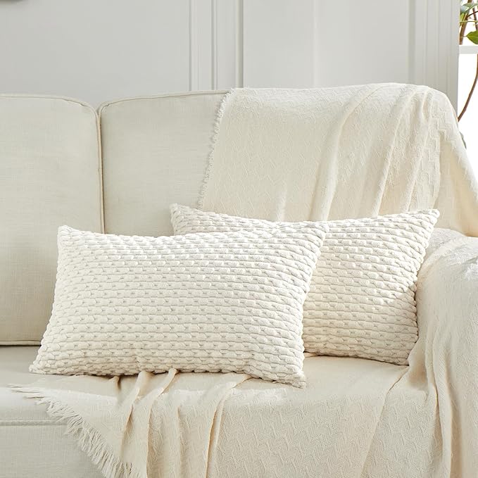 Fancy Homi 2 Packs Cream Long Lumbar Decorative Throw Pillow Covers 12x24 Inch for Couch Bed Sofa, Modern Farmhouse Boho Home Decor, Soft Cute Plush Corduroy Rectangle Cushion Case 30x60 CM