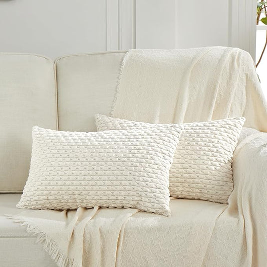 Fancy Homi 2 Packs Cream Long Lumbar Decorative Throw Pillow Covers 12x24 Inch for Couch Bed Sofa, Modern Farmhouse Boho Home Decor, Soft Cute Plush Corduroy Rectangle Cushion Case 30x60 CM