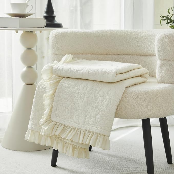 Brandream Cream Yellow White Ruffle Quilted Throw Blanket Cotton Throws for Bed Couch Daybed 47 X 60 Inch Decorative Blankets