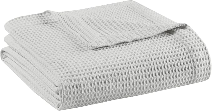 Madison Park 100% Cotton Blanket, Trendy Woven Waffle Weave Design, All Season, Lightweight, Breathable, Soft and Cozy Casual Summer Cover, for Bed, Couch and Sofa, King(108 in x 90 in), Grey