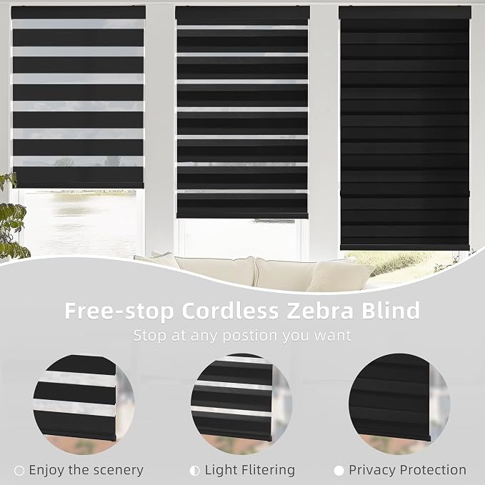 ChrisDowa Cordless Zebra Blinds for Windows, Dual Layer Free-Stop Light Filtering Window Roller Shades, Pull Down Privacy Zebra Shades for Home, Office, Bedroom, Door (25" W x 72" H, Black)