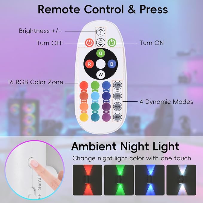 LED Wireless Wall Sconce with Remote, 16 Colors Changing, Motion Sensor Light Indoor, Dimmable, 1500mAh Rechargeable Battery Operated Wall Sconces for Hallway, Stairway, Bathroom, Bedroom, 2-Pack