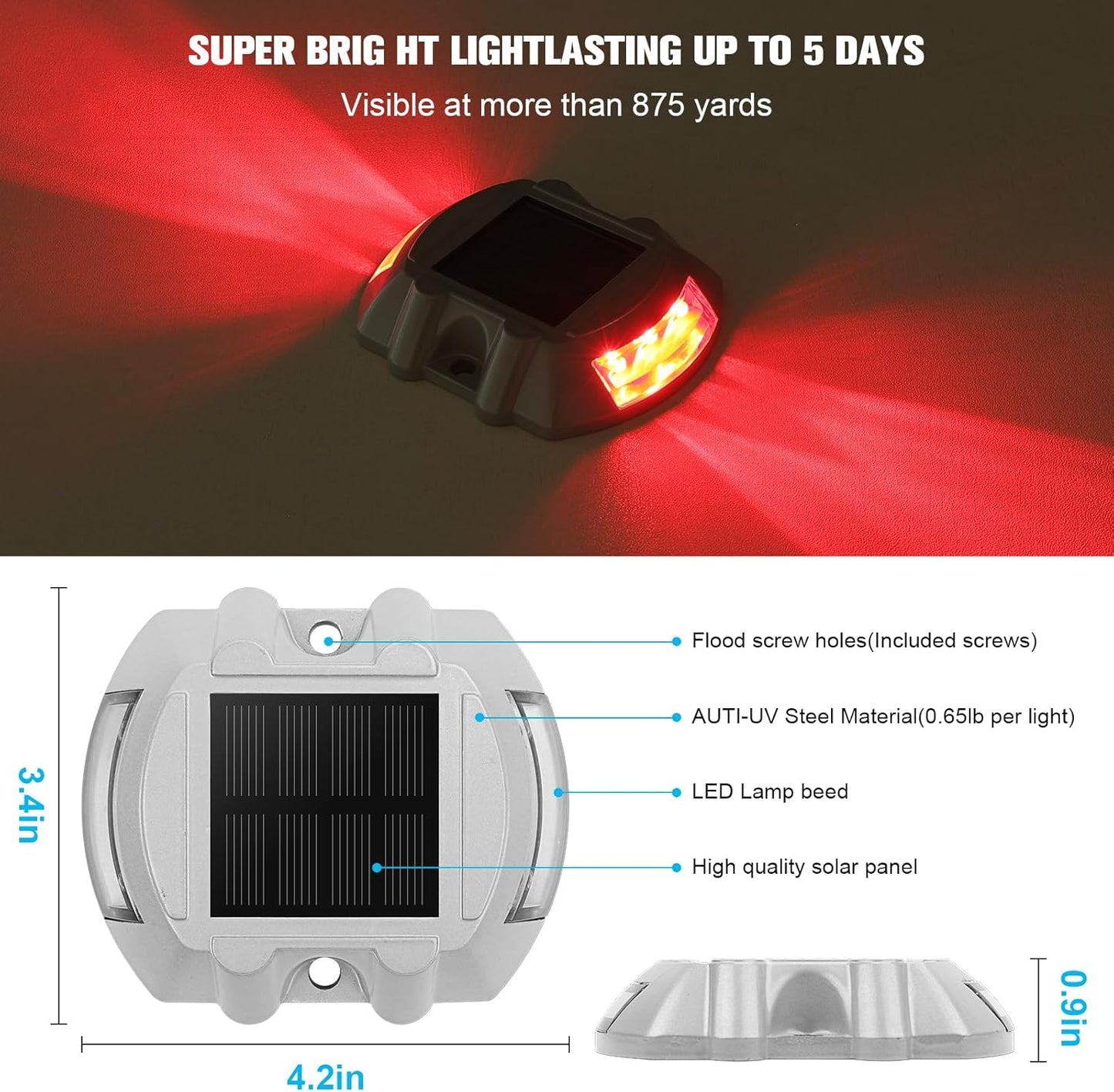 VOLISUN Christmas Solar Deck Lights Driveway Dock Lights, 4-Pack Led IP67 Waterproof Outdoor Warning Step Lights for Driveway Sidewalk Garden Pathway Yard(Red)