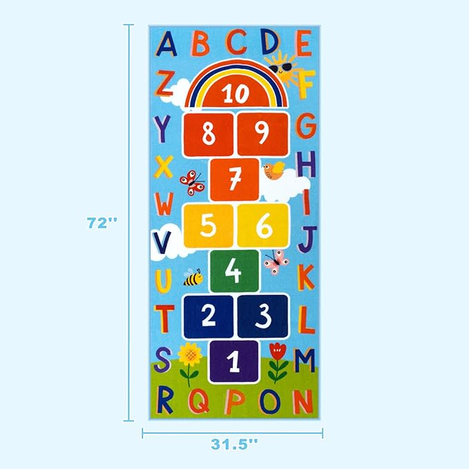 STARUIA Washable Hopscotch Kids Rug for Playroom, Colorful Educational Classroom Rugs with ABC Number, Non Slip Kids Play Mat Rug Game Carpet for Bedroom Nursery Daycare Boy Girl （Blue, 31.5''x72''）