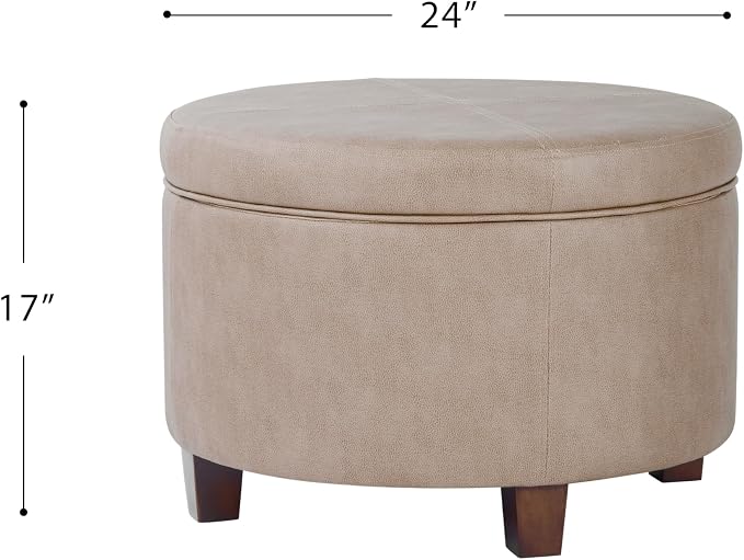 Homepop Home Decor | Upholstered Faux Leather Round Storage Ottoman | Ottoman with Storage for Living Room & Bedroom, Taupe Brown
