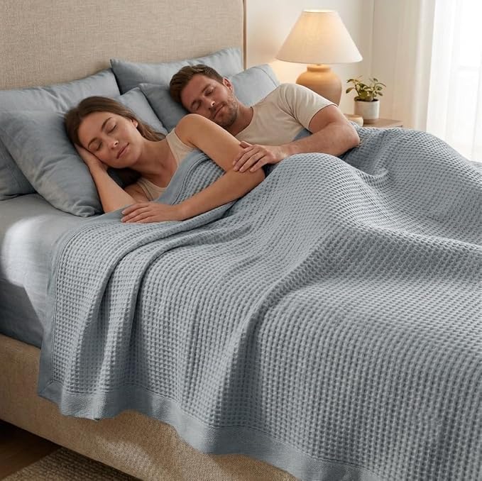 TreeWool Premium 100% Cotton Waffle Summer King Blanket (90"x108", Gray) | 420 GSM Breathable Lightweight Moisture Wicking Soft Knit Thermal Blanket for Bed or Sofa All-season Comfort Machine Washable