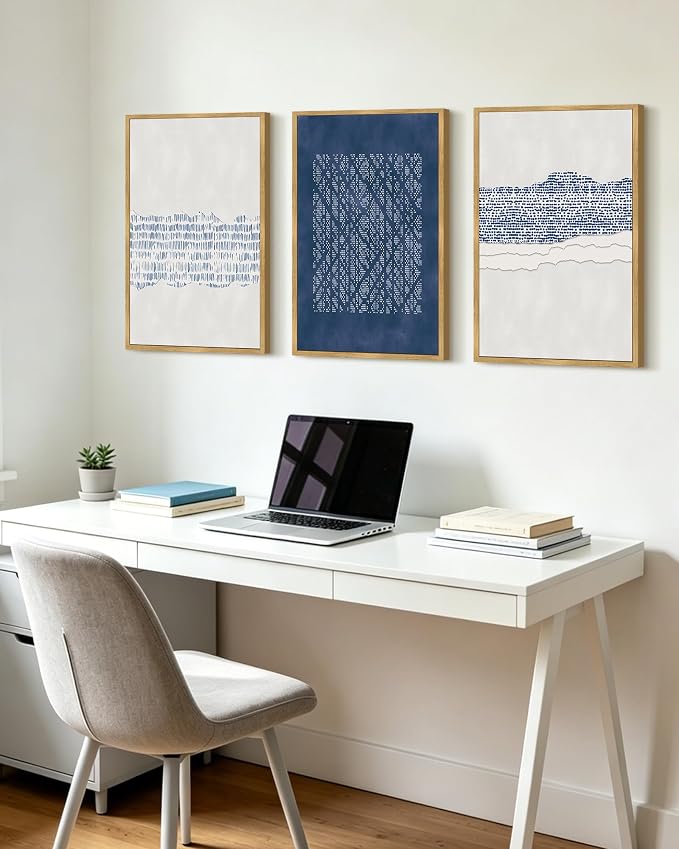 PHOPAGO Navy Blue Abstract Framed Wall Art Large 16x24in Mid Century Minimalist Wooden Pastel Boho Wall Decor Modern Neutral Farmhouse Living Laundry Decor- Natural Framed