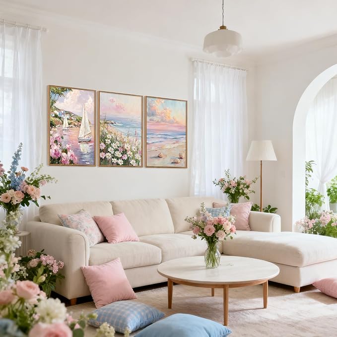 TOARTi Framed Pastel Coastal Sailboat Canvas Wall Art Set, Pink Beach Daisy Floral Wall Decor, Watercolor Spring Ocean Seascape Wildflower Art Prints for Farmhouse Living Room Bedroom Office-16”x24”x3